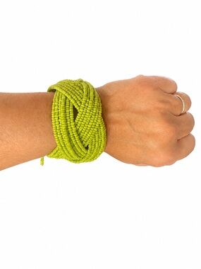 Lime Green Seed Bead Statement Cuff Bracelet Wide Handmade Boho